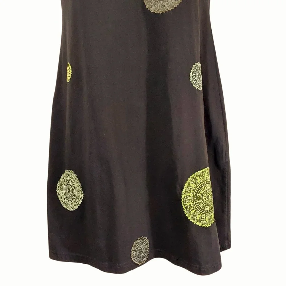 Adria Mode Organic Cotton Black w Mandalas Short Sleeve A-Line Boho Chic Dress M